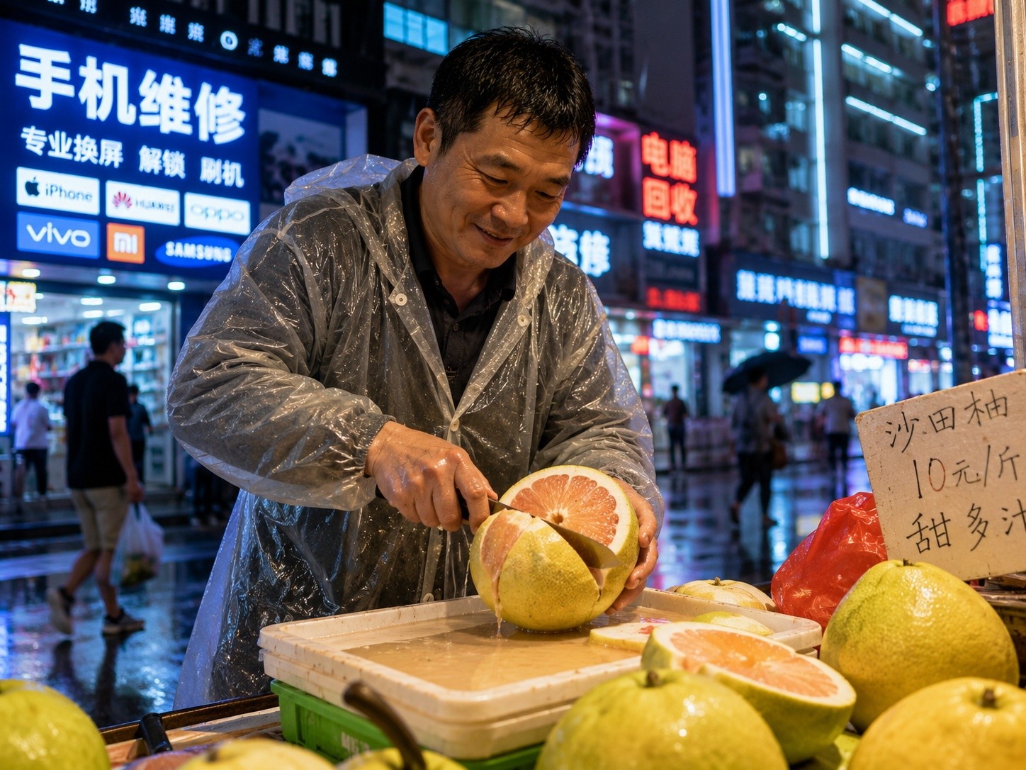 A vendor cutting a fresh pomelo at a Shenzhen street fruit stall at night with neon city lights in the background