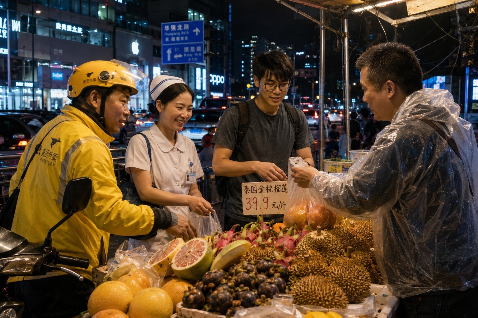 Diverse night shift workers including a delivery rider and nurse buying fruit at a Shenzhen street stall