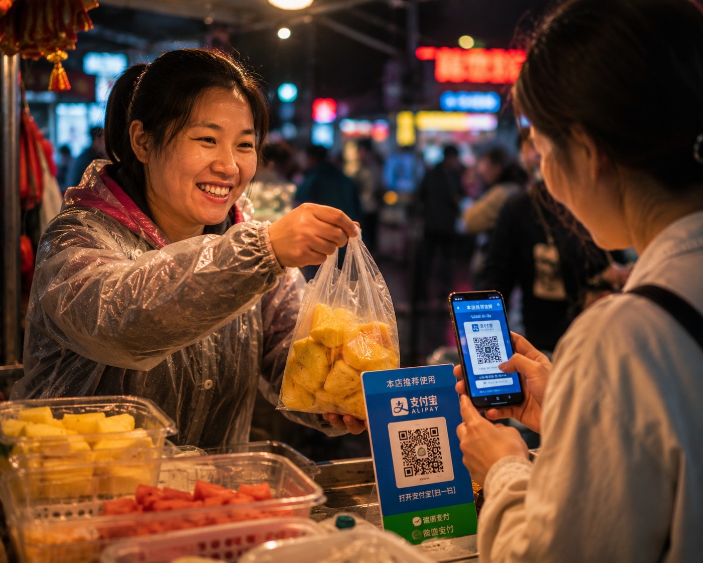 A customer scanning a QR code to pay for fresh fruit at a Shenzhen night market stall