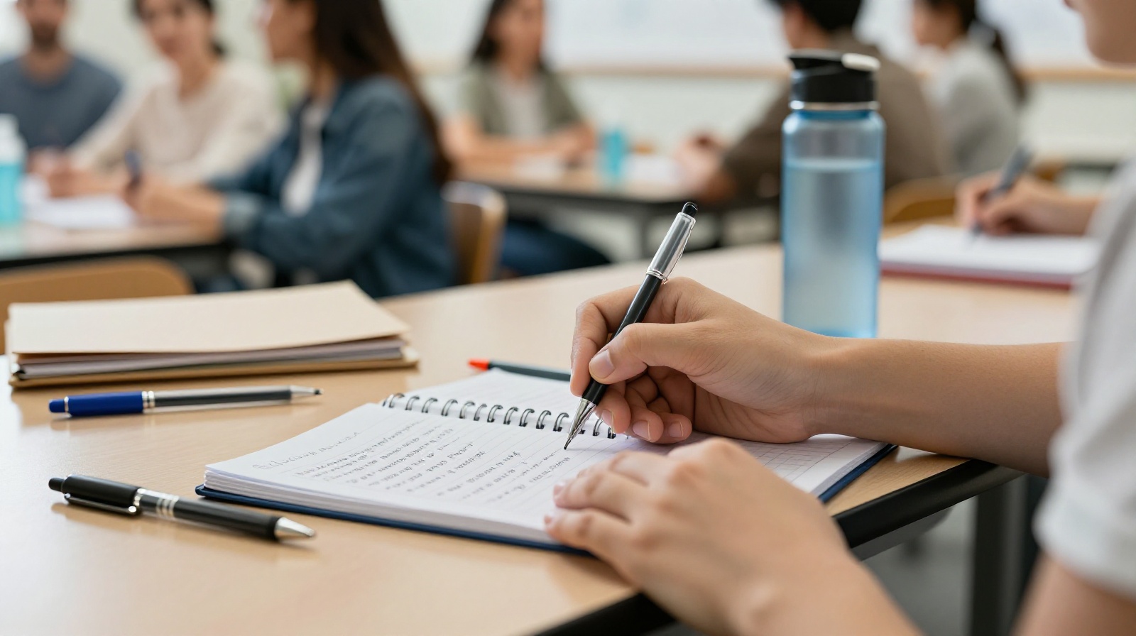 A Chinese parent taking detailed notes during a high-pressure parent-teacher meeting at a middle school in China.