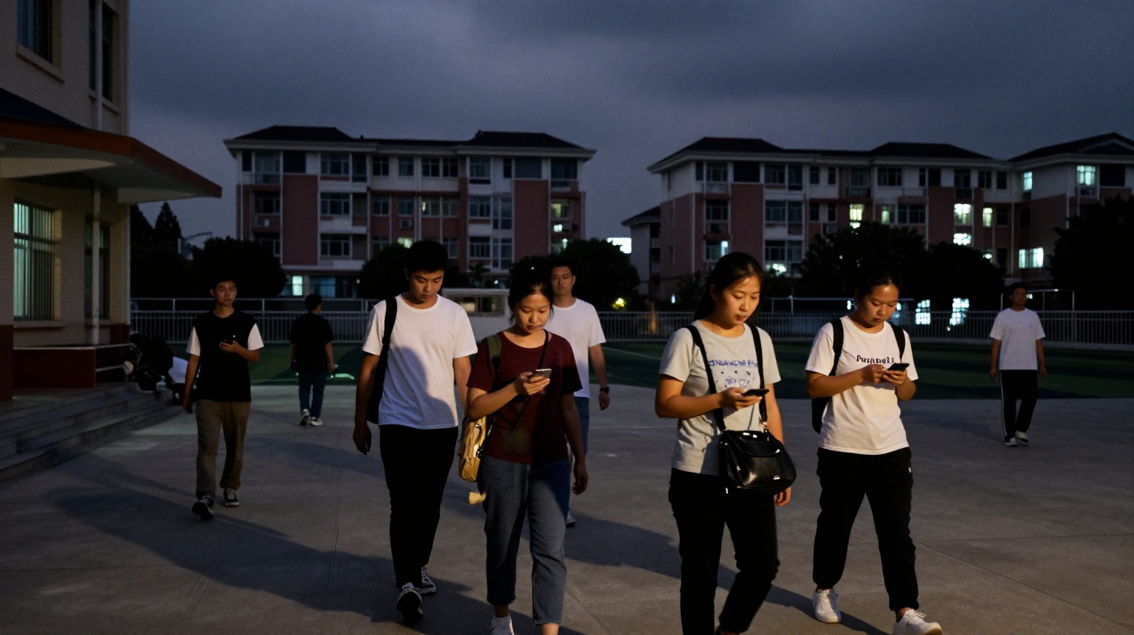 Chinese parents walking home from a parent-teacher meeting late at night, reflecting on their children's education.
