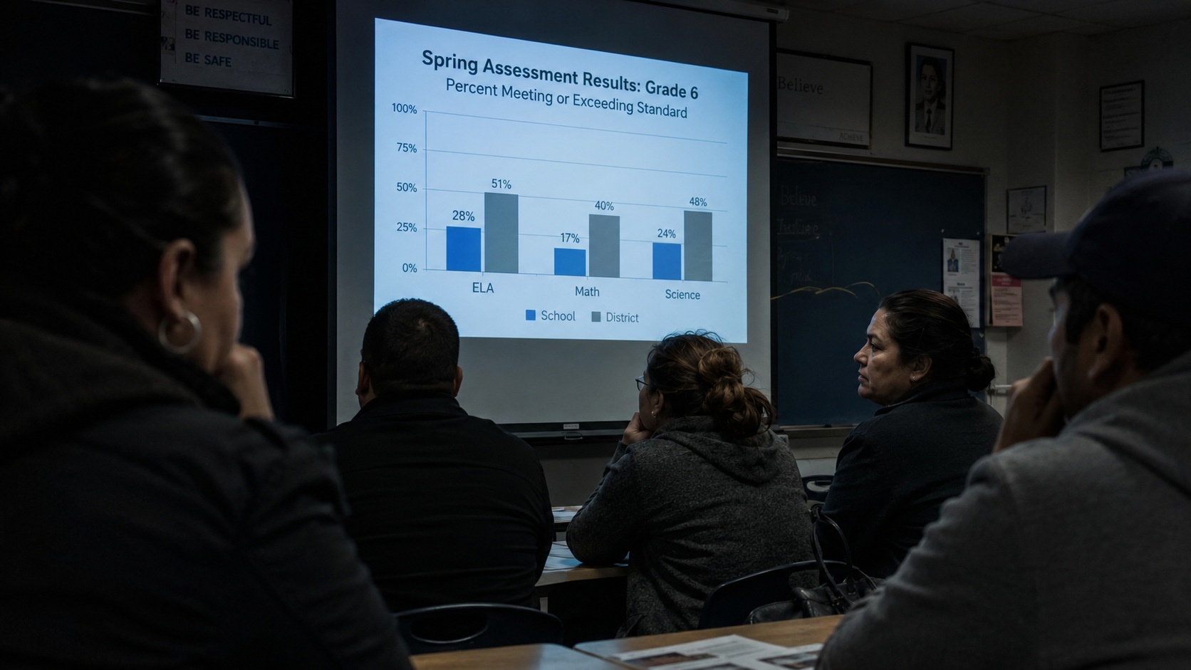 A classroom projector screen showing academic performance charts during a Chinese parent-teacher meeting.