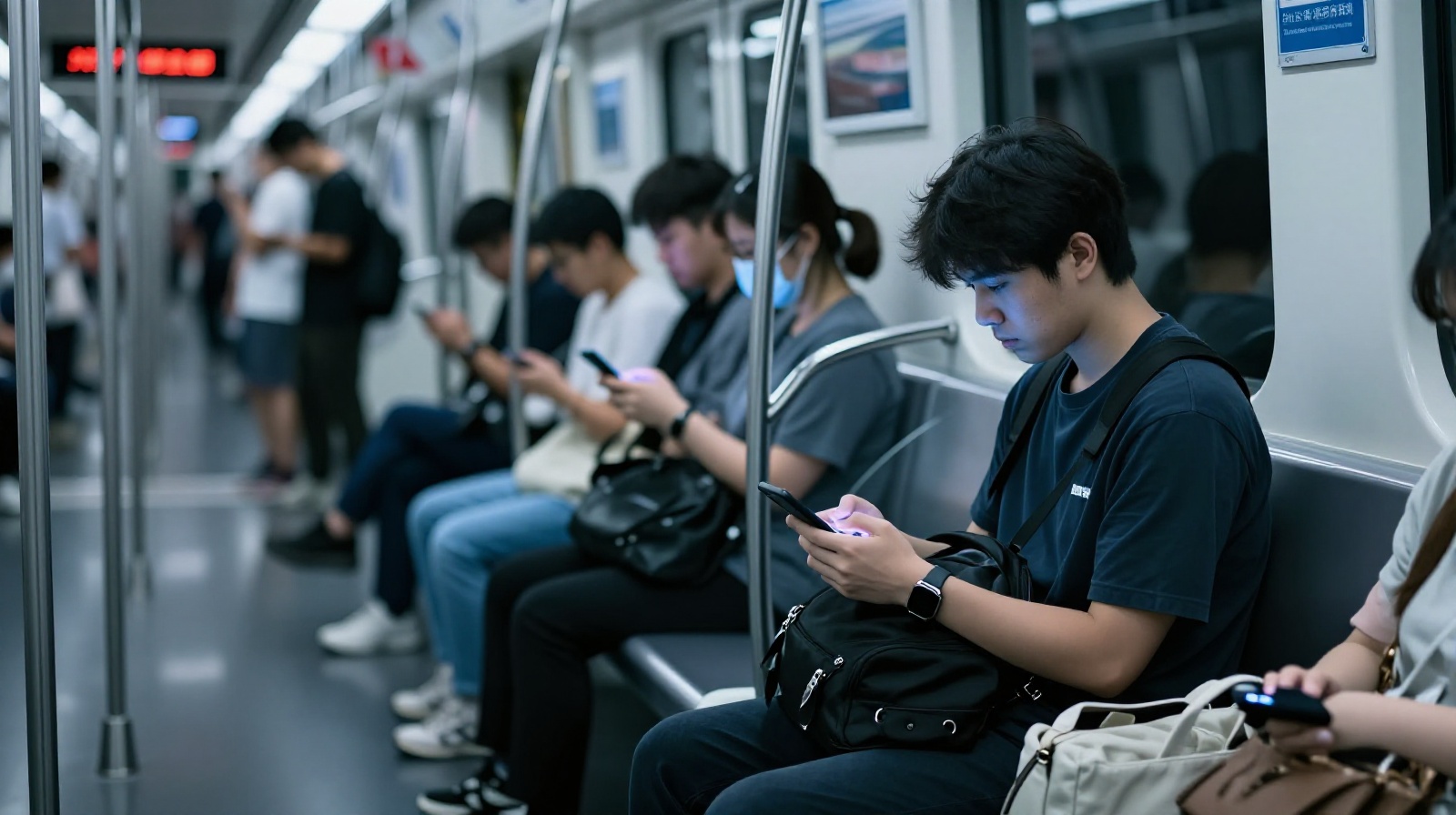 Young person feeling isolated while using social media on public transport.