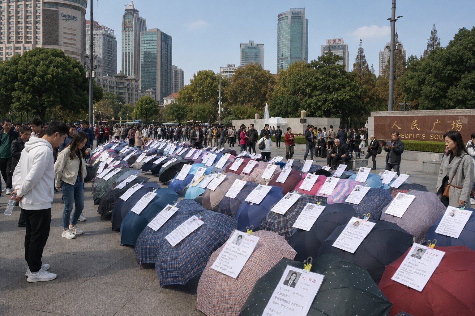 Traditional matchmaking scene in Shanghai People's Square with umbrellas displaying marriage resumes.