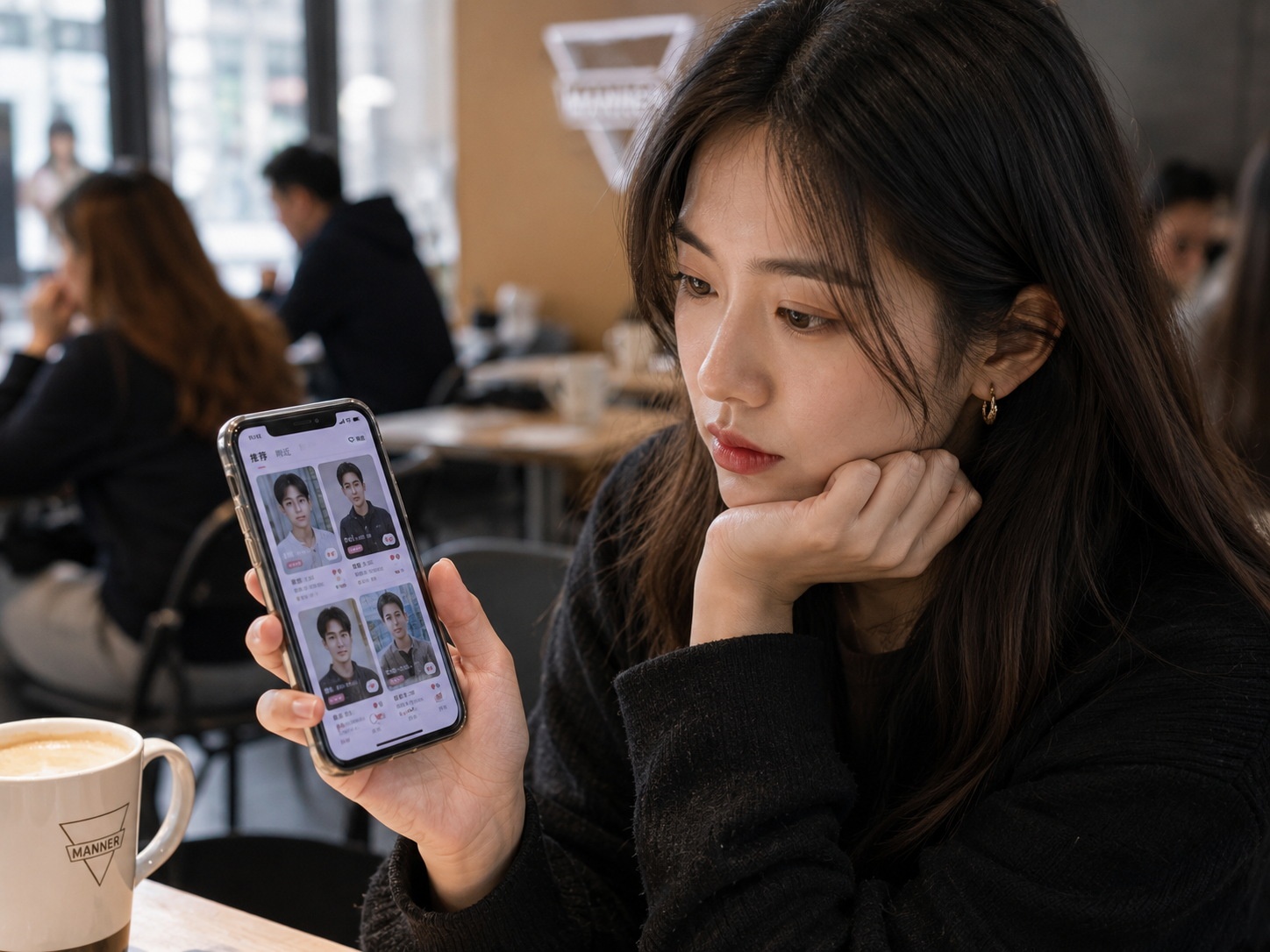 Young Chinese woman using a dating app on her smartphone in a cafe.