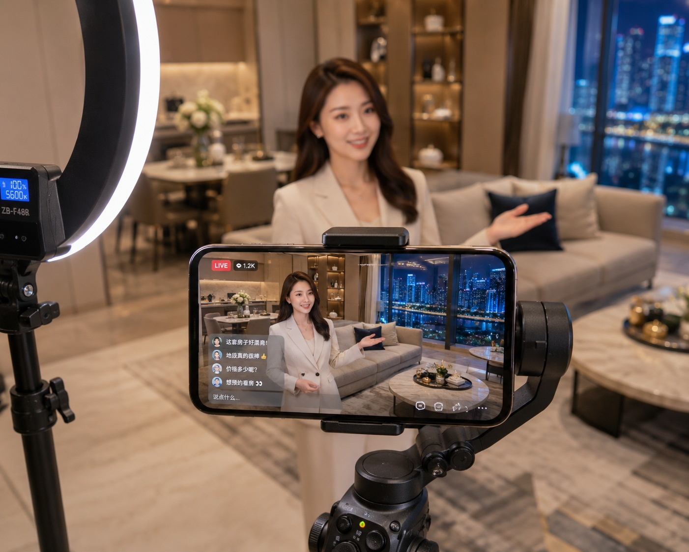 A professional real estate agent setting up a smartphone live stream inside a luxury apartment with modern lighting equipment.