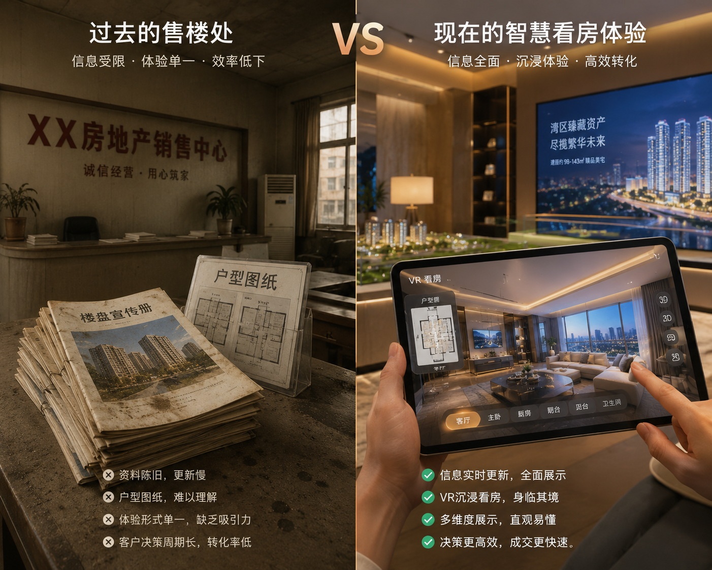 Visual comparison between traditional physical real estate offices and modern digital VR home viewing experiences.