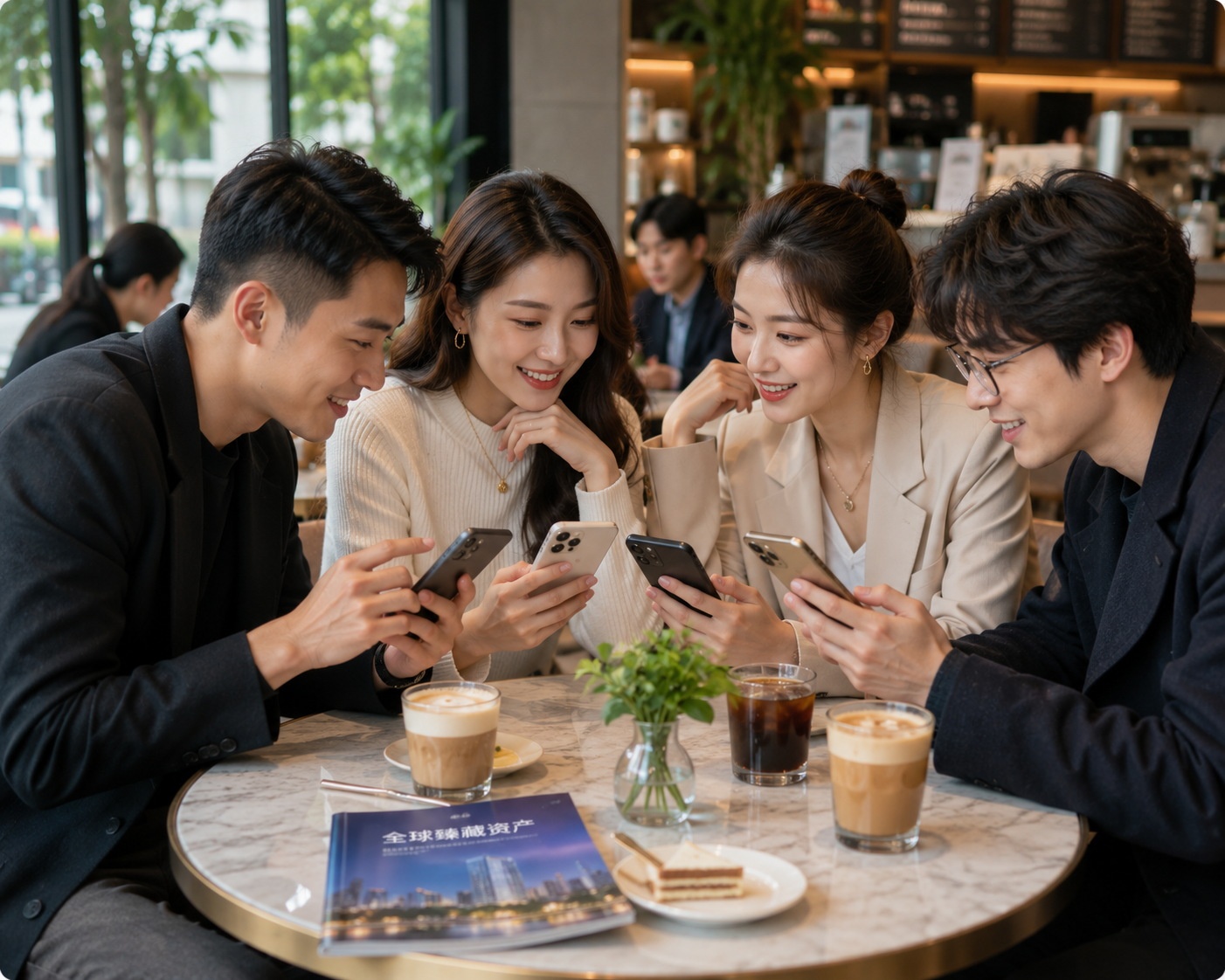 Young professionals in a cafe browsing real estate listings on smartphones, representing the digital-native buyer demographic.