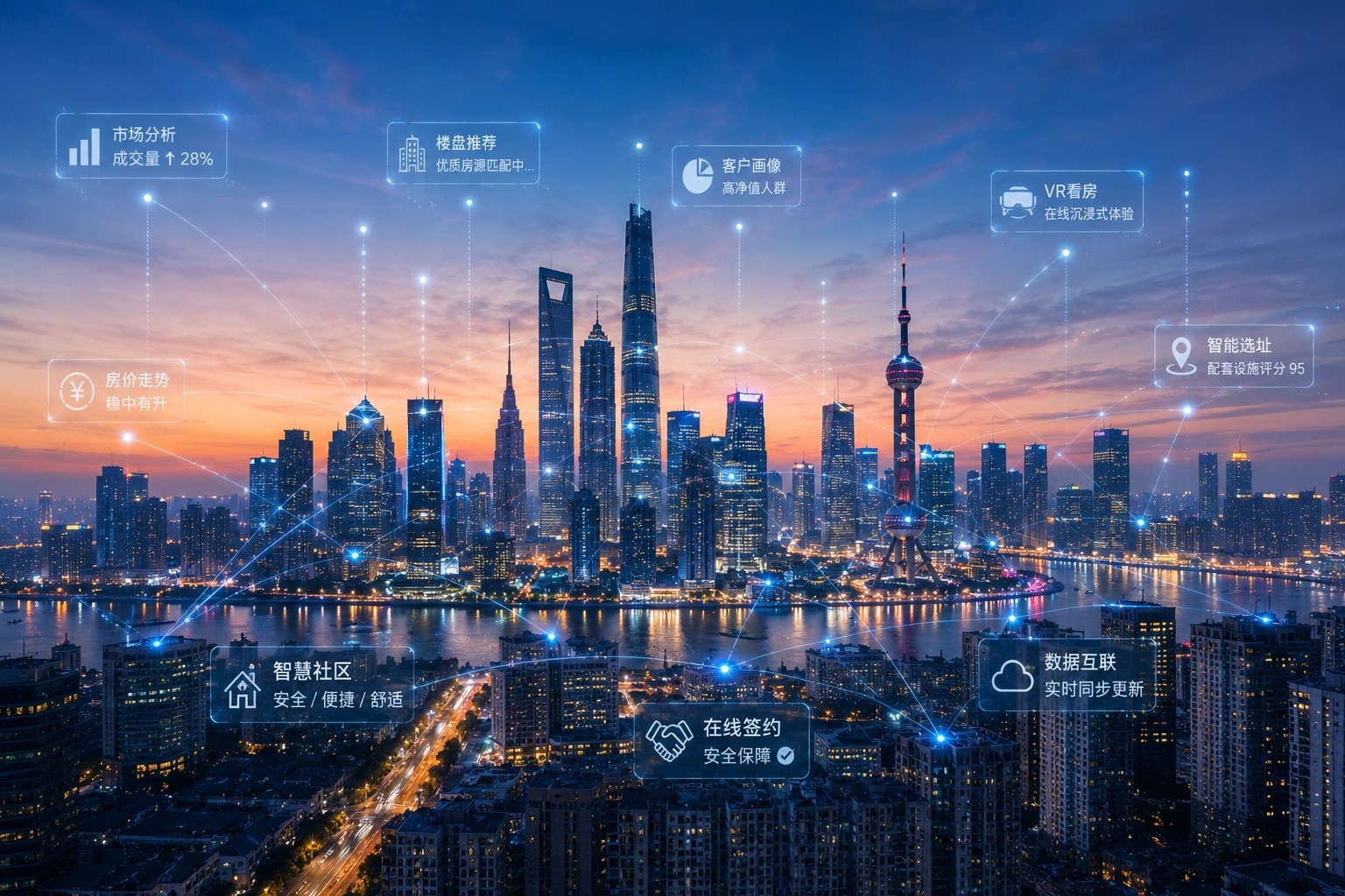 A symbolic image of a modern Chinese city skyline with digital connection overlays, representing the tech-driven real estate market.