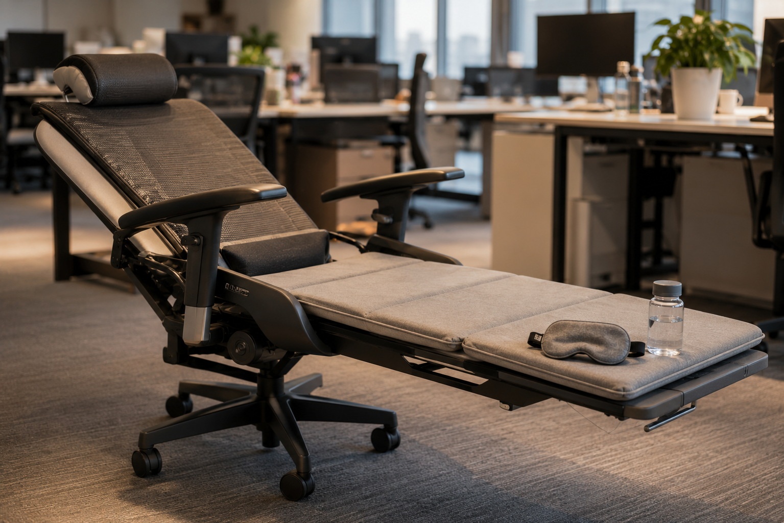 Close-up view of a specialized folding bed set up on a modern office desk for a midday nap, featuring a reclined chair and accessories like an eye mask.