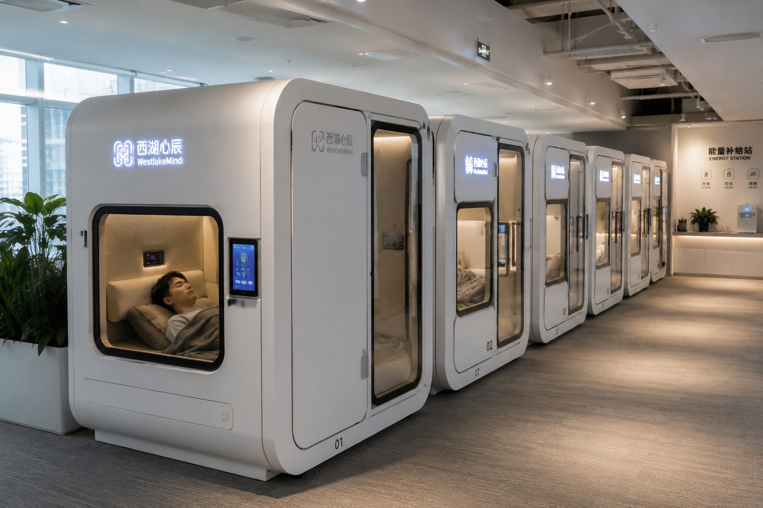 Employees resting in individual soundproof sleep pods in a modern Chinese tech company's rest area.