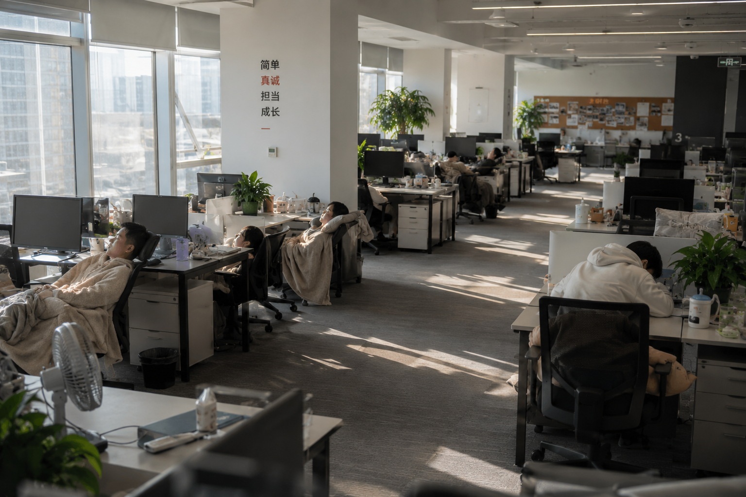 A quiet Chinese office floor during the sacred midday nap hour, with employees resting under blankets in a serene atmosphere.