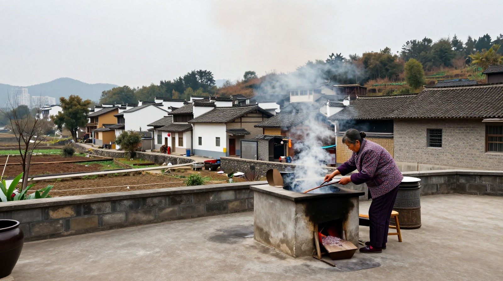 An elderly woman in a rural Chinese village cooking over a wood-fired stove, representing the authentic content style popular on short-video platforms.