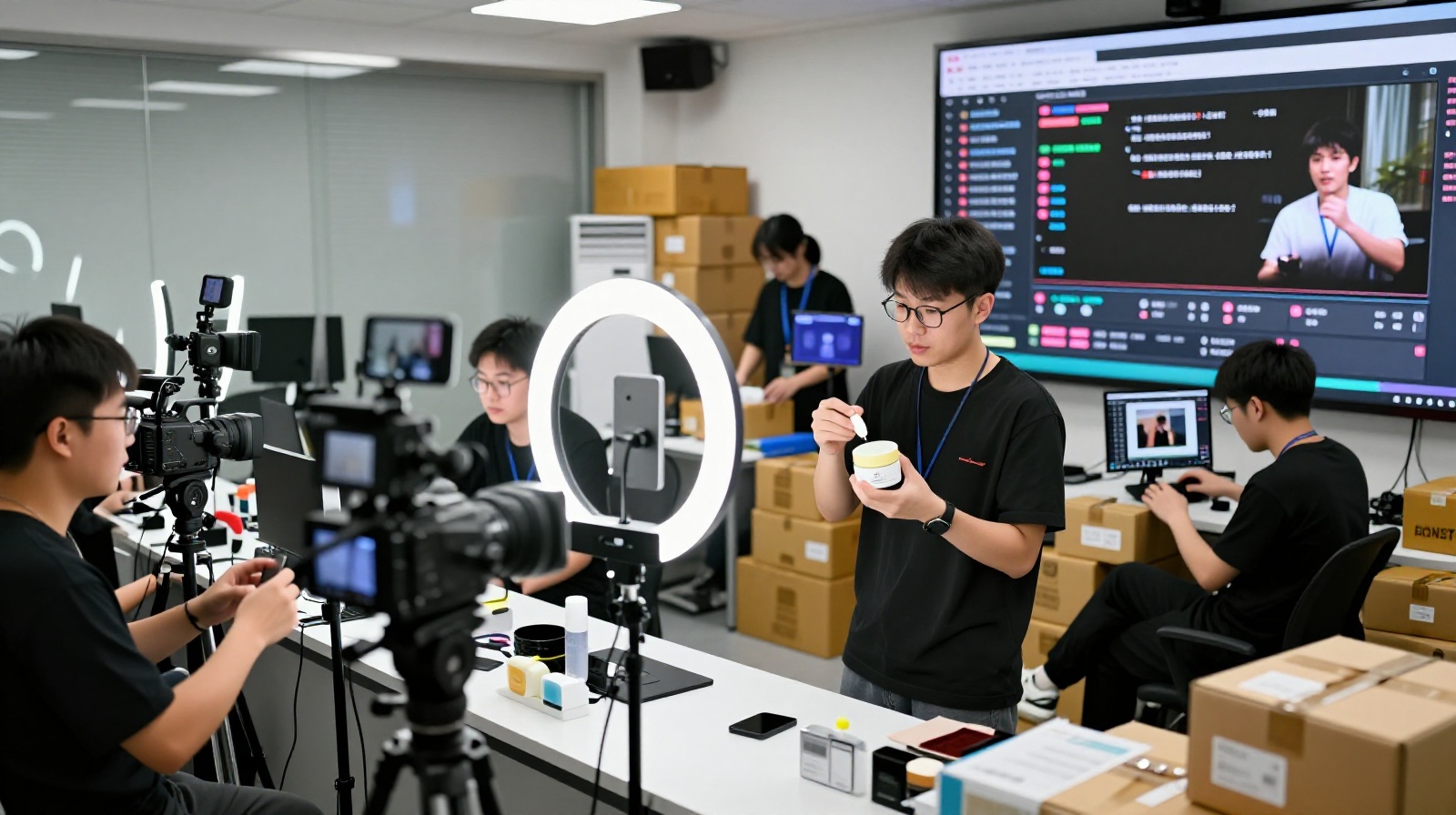 A busy livestreaming studio in China with a creator presenting products to cameras, illustrating the high-energy environment of live-stream e-commerce.