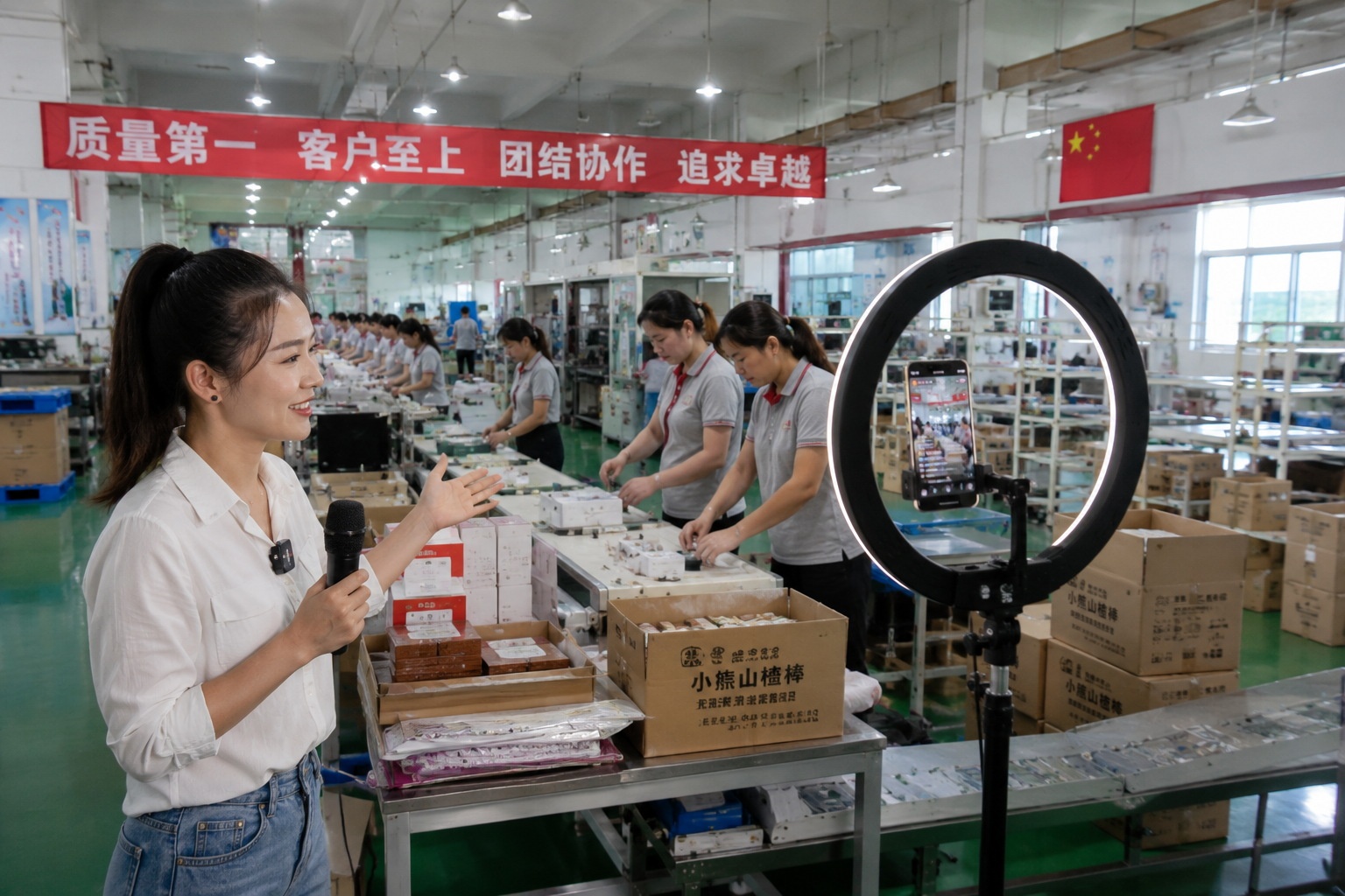 Inside view of a Chinese manufacturing factory where a livestreamer connects the production line with online buyers.