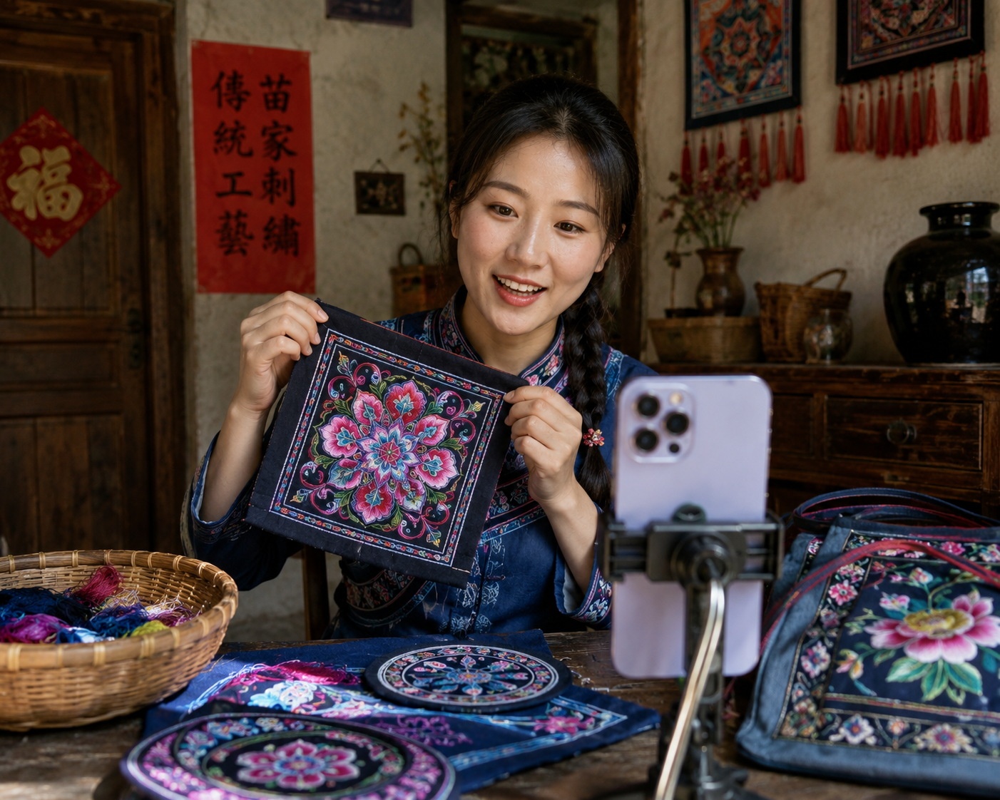 A young woman in rural China livestreaming traditional embroidery techniques from her home studio.