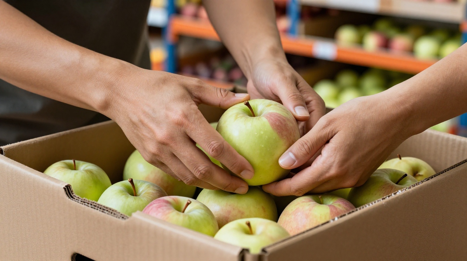 Hands packing fresh red apples into shipping boxes in a rural Chinese village warehouse, illustrating the logistics behind rural e-commerce.
