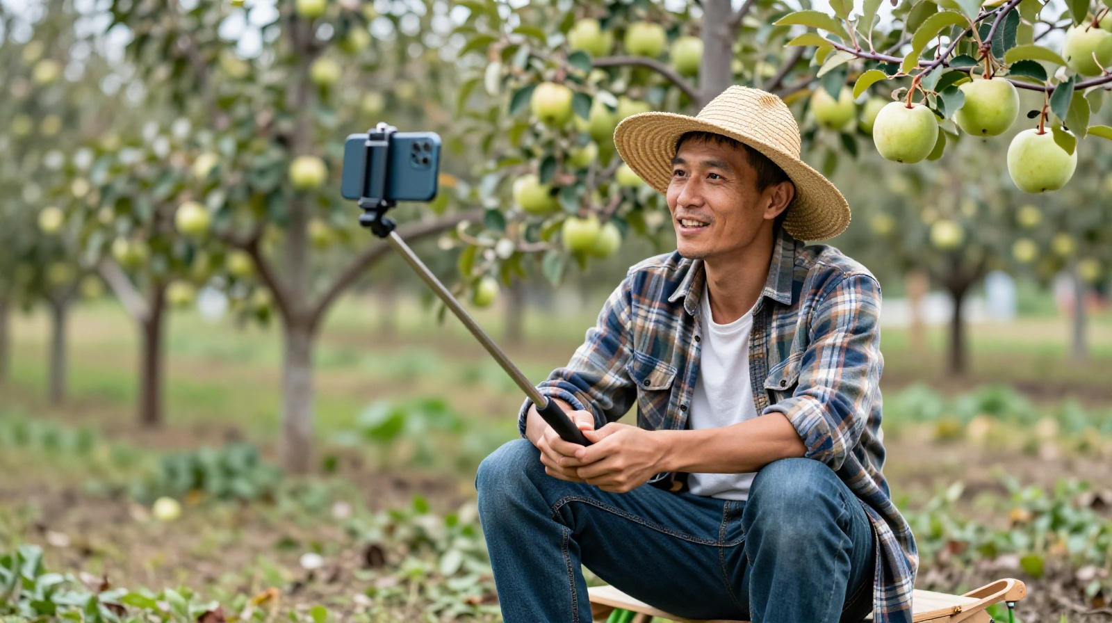 A Chinese farmer livestreaming from his apple orchard, showing the direct connection between rural producers and digital platforms.