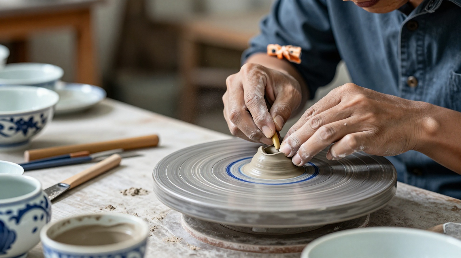 A Chinese ceramic artisan crafting traditional blue-and-white porcelain, showcasing rural craftsmanship to a global online audience.