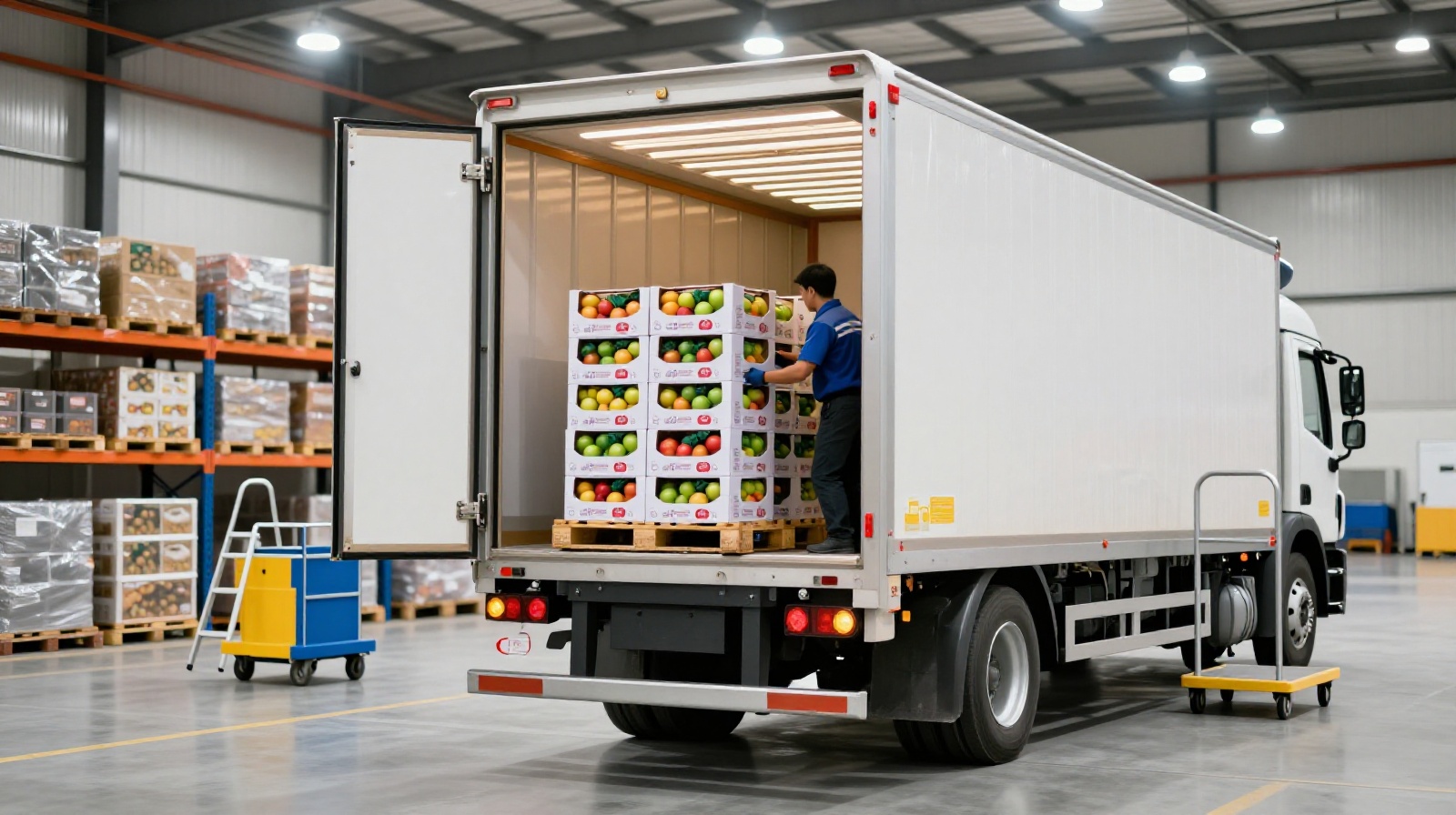 Workers loading fresh fruit crates into a refrigerated logistics truck at a modern Chinese distribution center