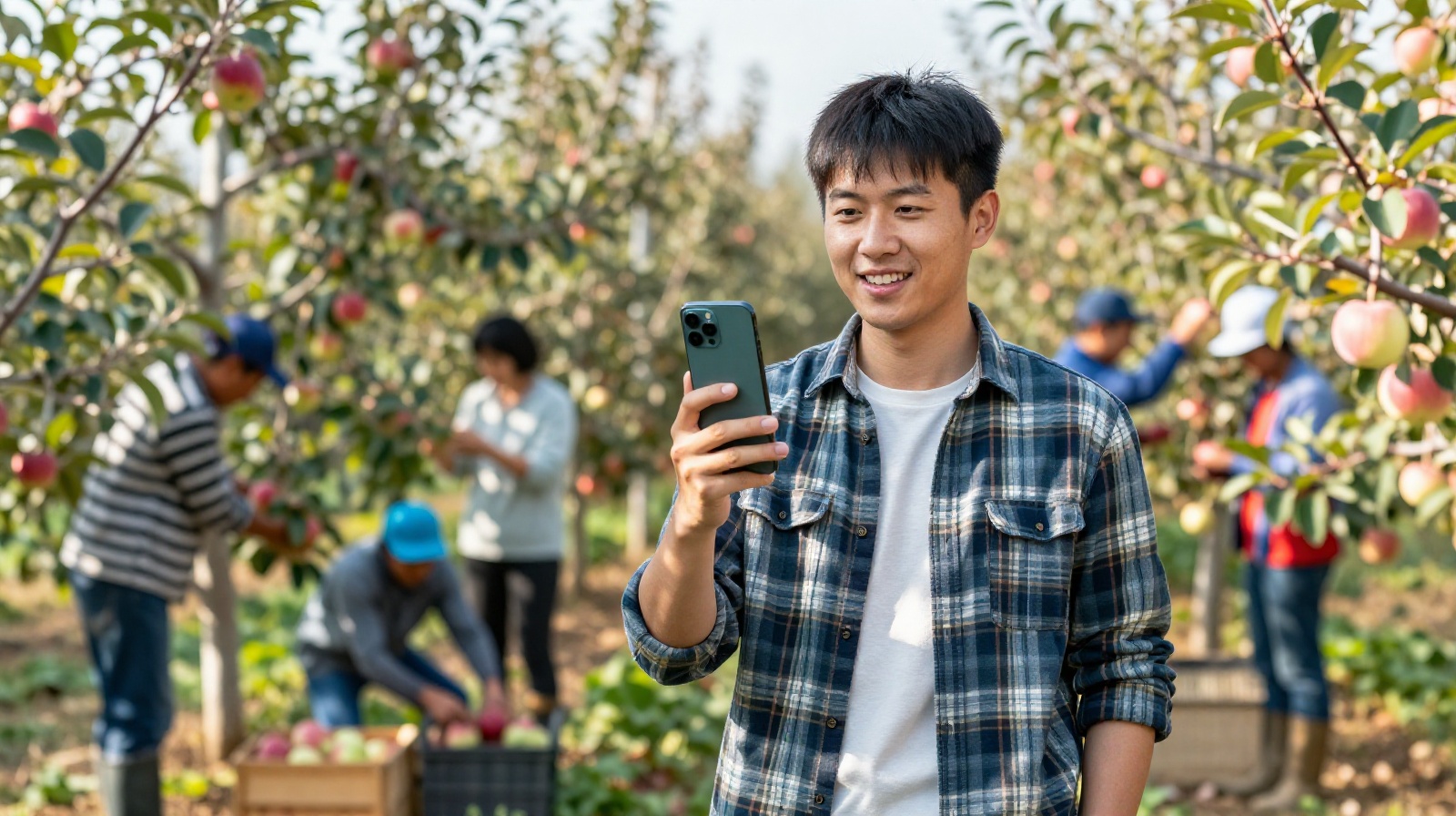 A Chinese farmer using a smartphone to conduct a live stream from his apple orchard, selling fruit directly to consumers