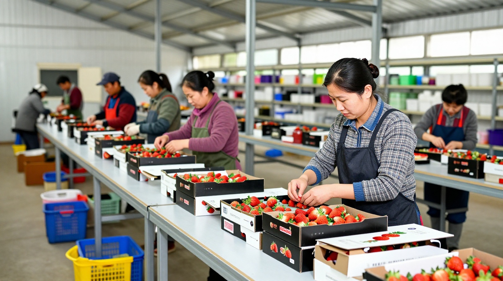 Smallholder farmers sorting and packaging fresh strawberries in a rural processing hub