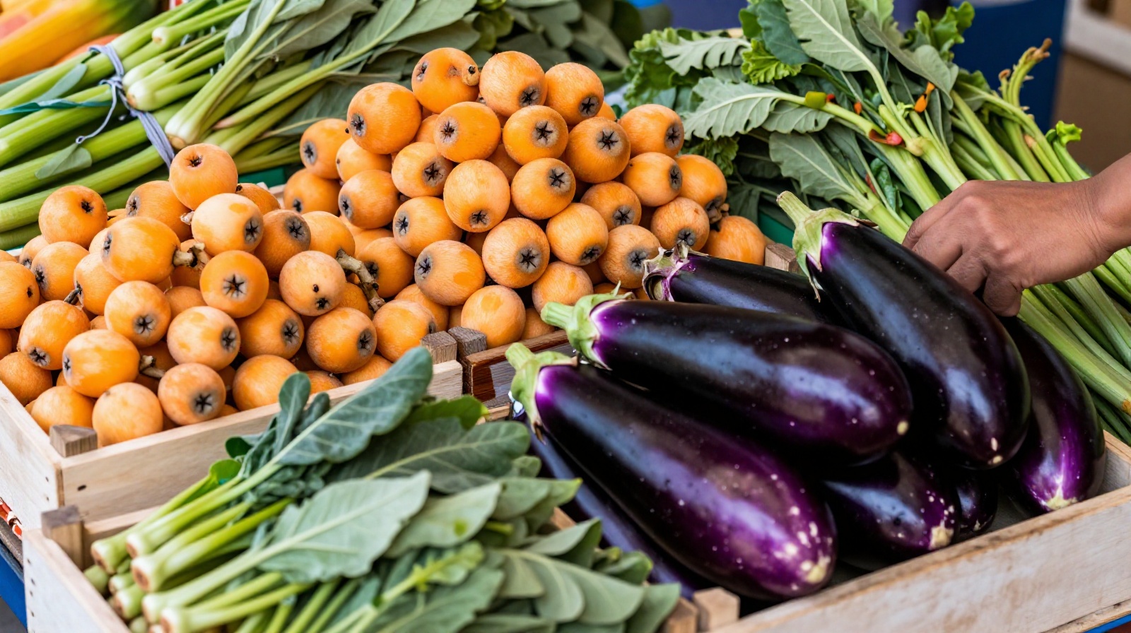 Colorful display of fresh fruits and vegetables at a Chinese wet market, including loquats and eggplants.