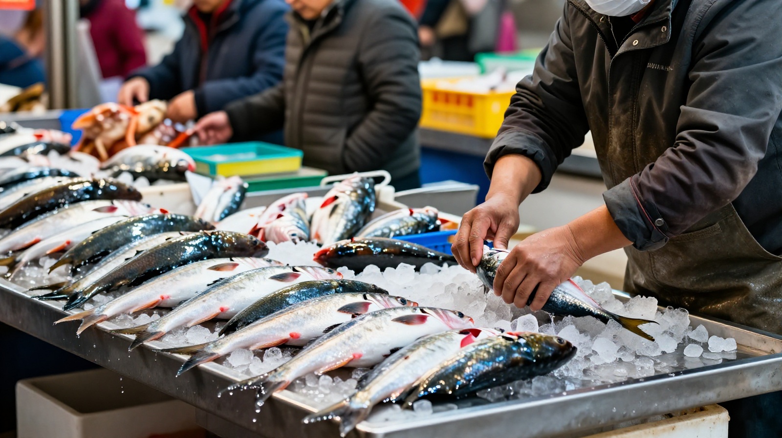 A vendor preparing fresh fish at a wet market stall in China, showing the freshness of local seafood.