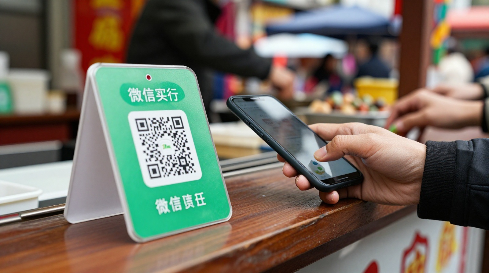 Customer scanning a QR code to pay for goods at a Chinese wet market, highlighting digital payment integration.
