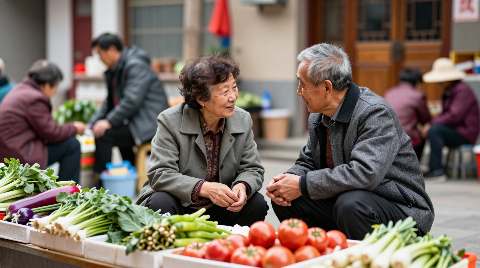 Elderly residents interacting with a vendor at a Chinese wet market, showing the social aspect of local commerce.
