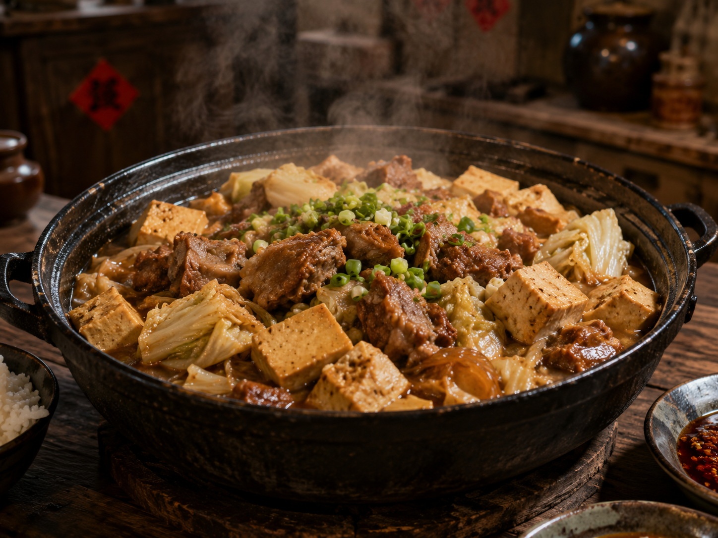 A close-up view of a traditional iron pot stew with pork and vegetables, representing the hearty cuisine of Northeastern China.