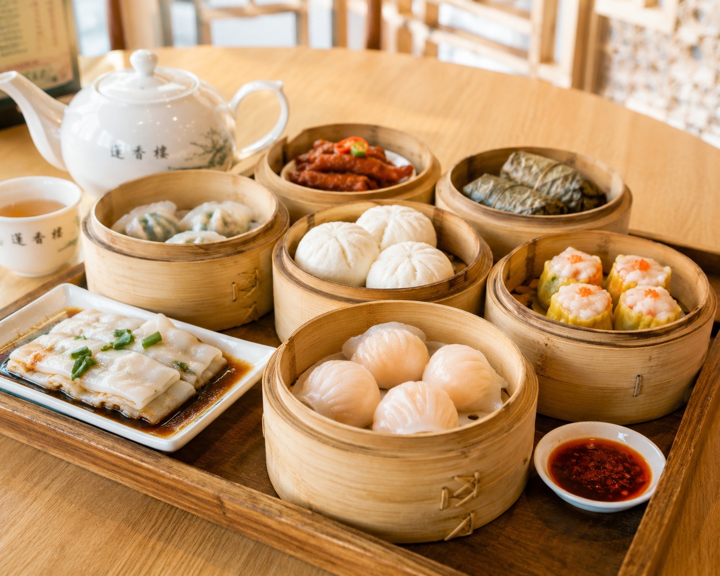 Delicate dim sum dishes like shrimp dumplings and buns in bamboo steamers, showcasing the refined culinary style of Guangdong province.