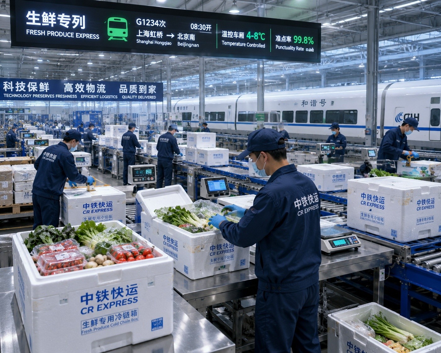 Modern cold-chain logistics workers packaging fresh food for rapid delivery across China's vast distances.