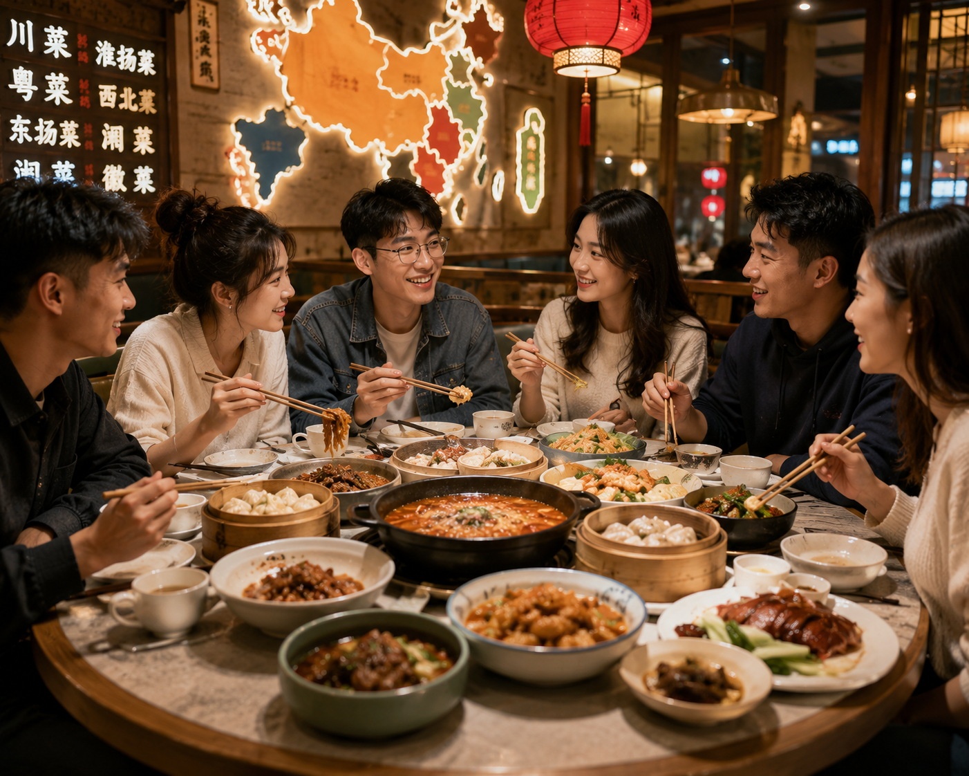Young Chinese people sharing a meal with dishes from various regions, highlighting food as a social connector.