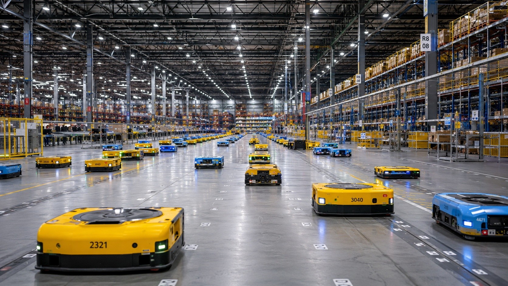 Rows of automated guided vehicles (AGVs) moving in synchronization inside a large logistics sorting center in China.