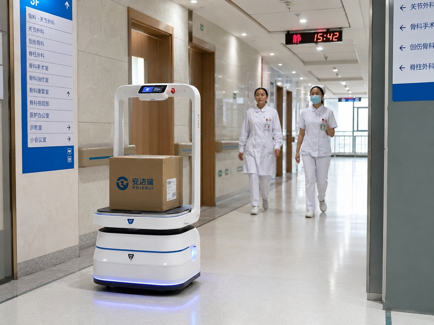 A medical delivery robot transporting samples through a hospital corridor in Shanghai.