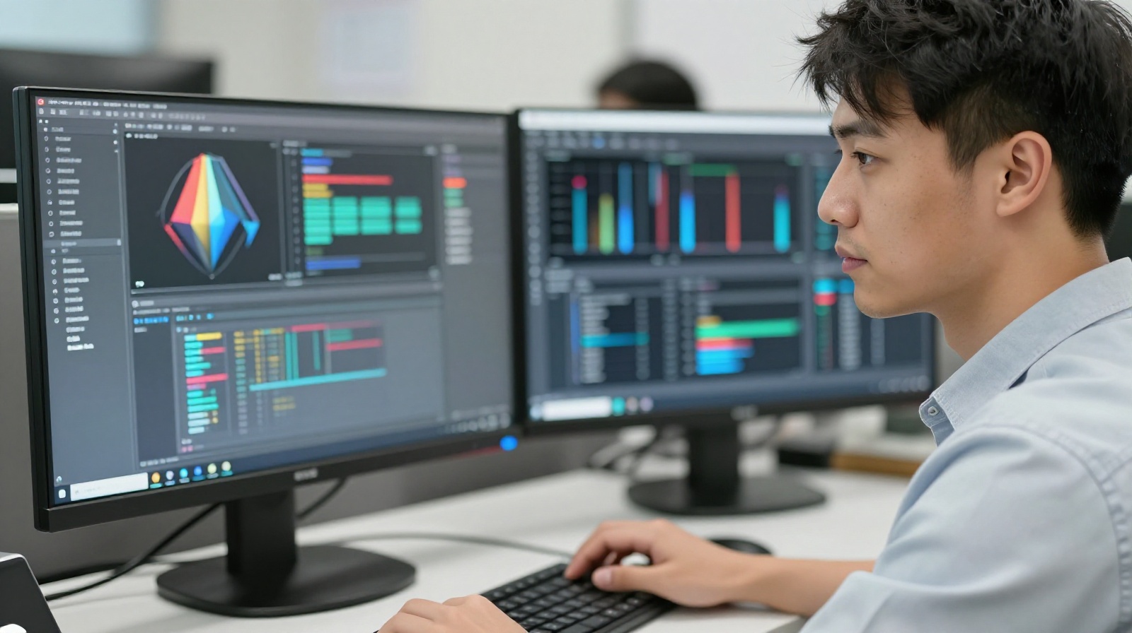 A young Chinese office worker collaborating with AI tools on a computer screen in a modern workplace.