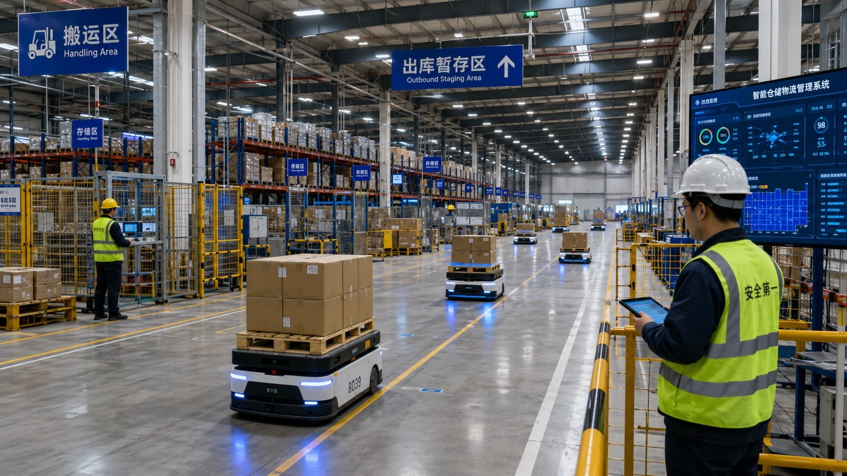 Human workers supervising autonomous guided vehicles in a Chinese logistics warehouse.