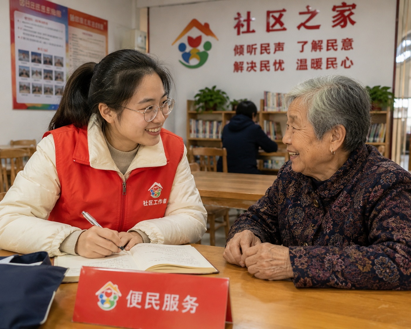 A community worker in China providing face-to-face support to an elderly resident, highlighting human-centric care.