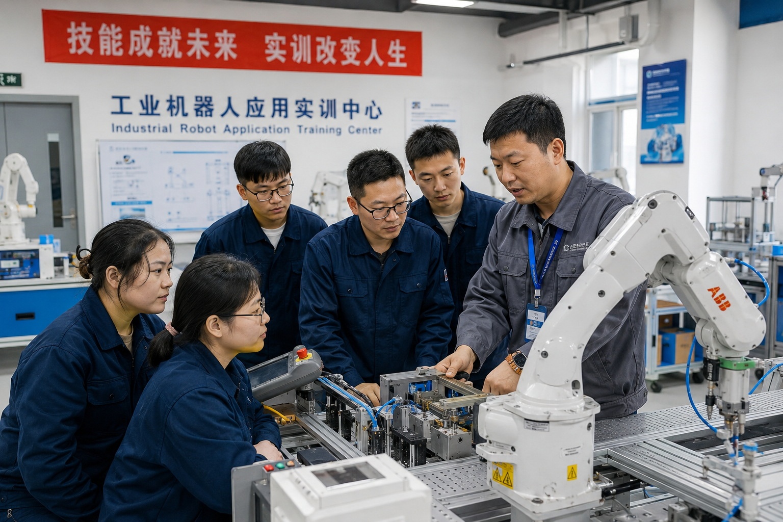 Adult learners in a Chinese vocational training center practicing robotics maintenance skills.