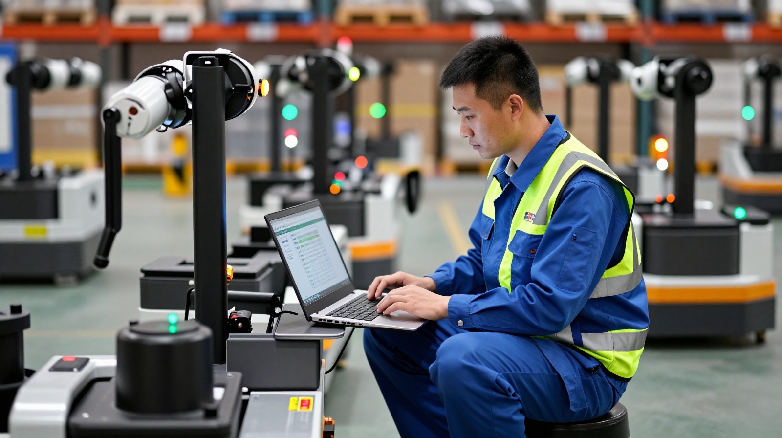 A maintenance technician in a Chinese automated warehouse checking the central server system