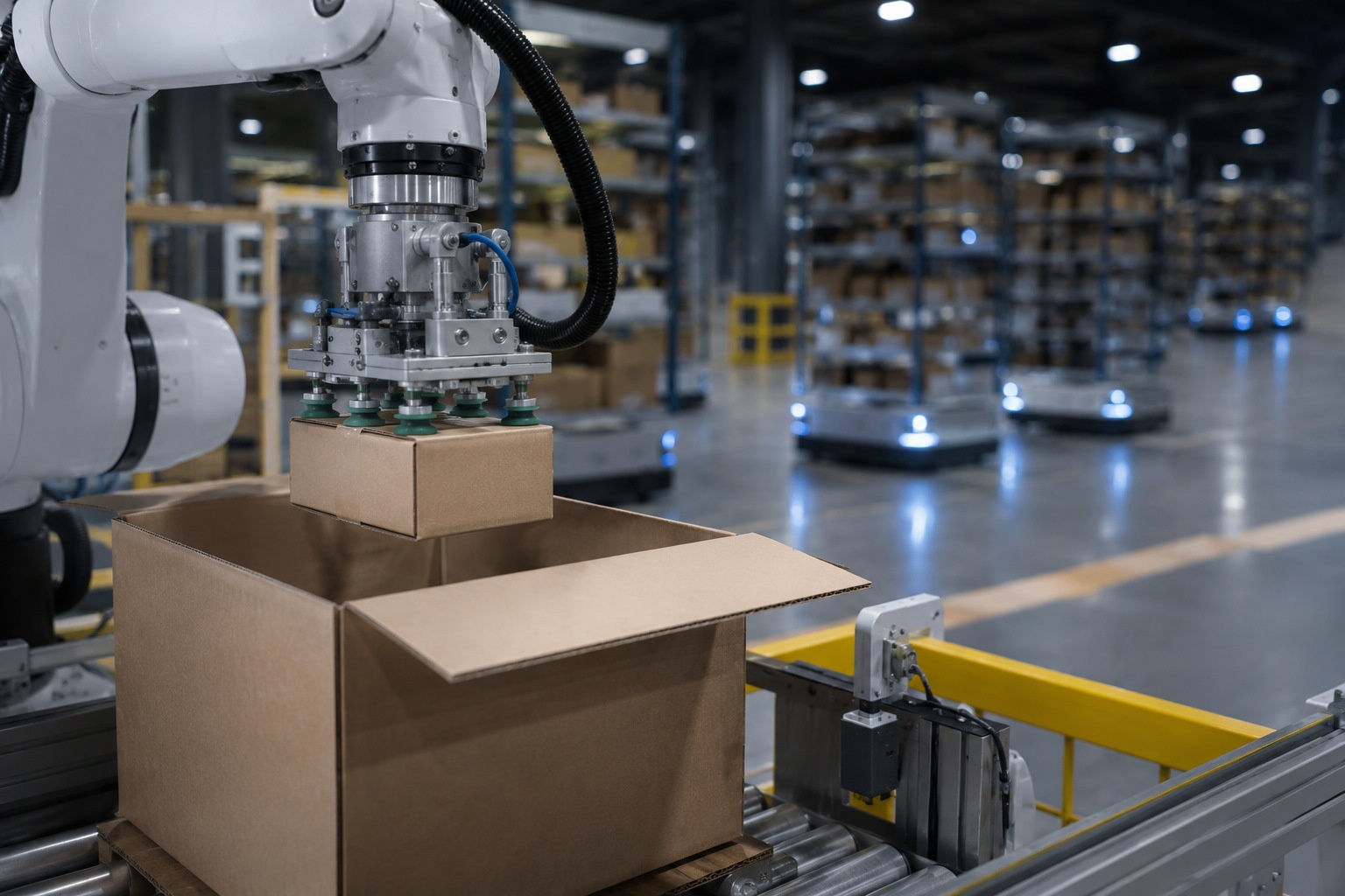 A robotic arm in an automated warehouse placing a package into a box, with moving shelves in the background