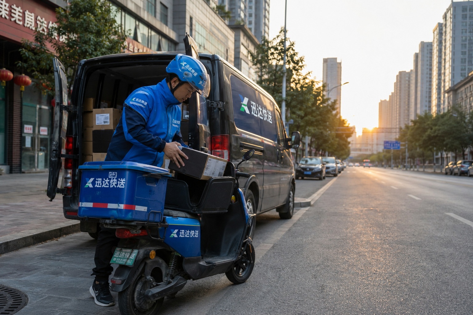 A delivery rider loading packages onto his scooter at dawn in a Chinese city