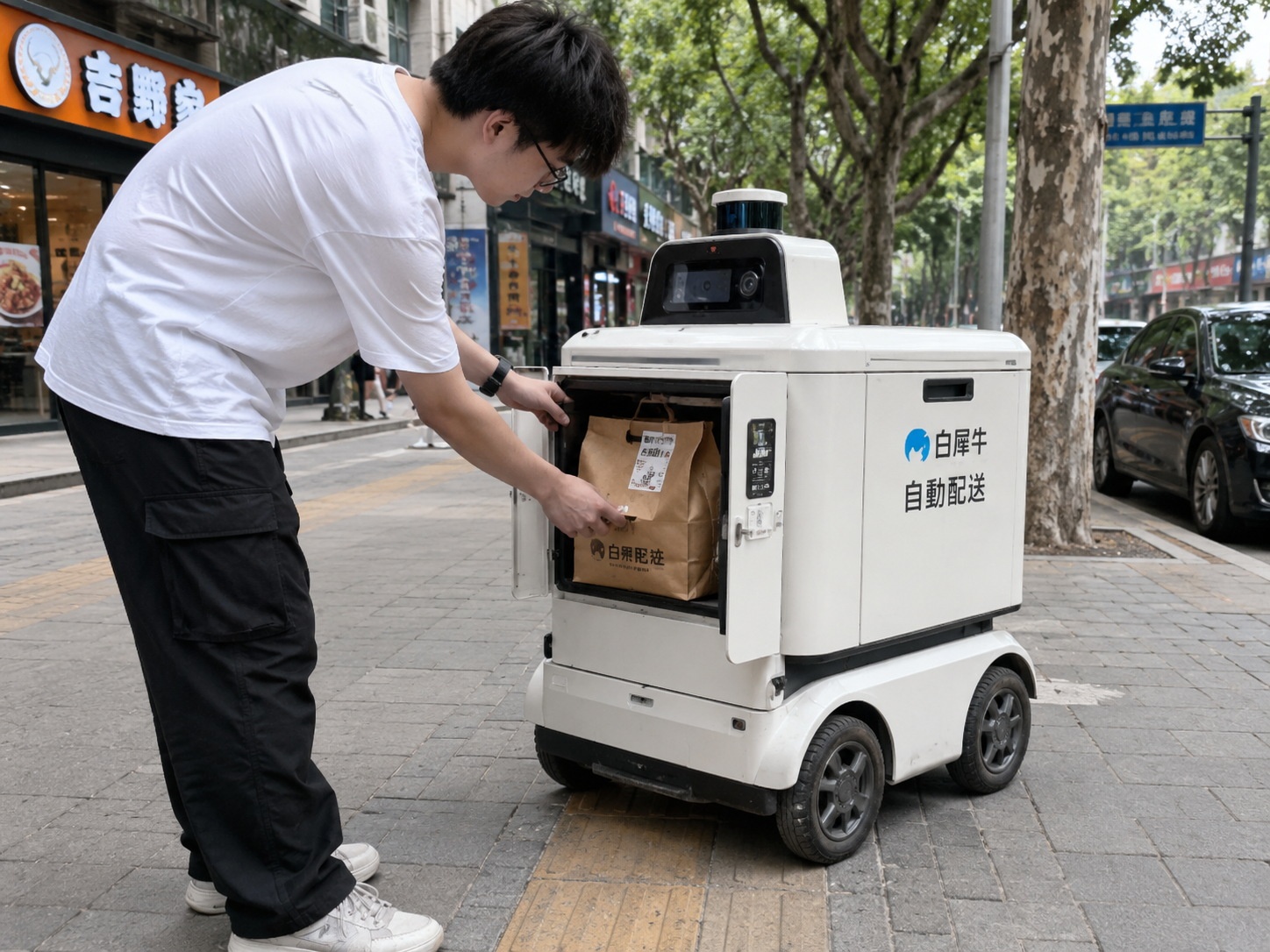 A young customer retrieving a food delivery from an autonomous robot on a Chinese city sidewalk