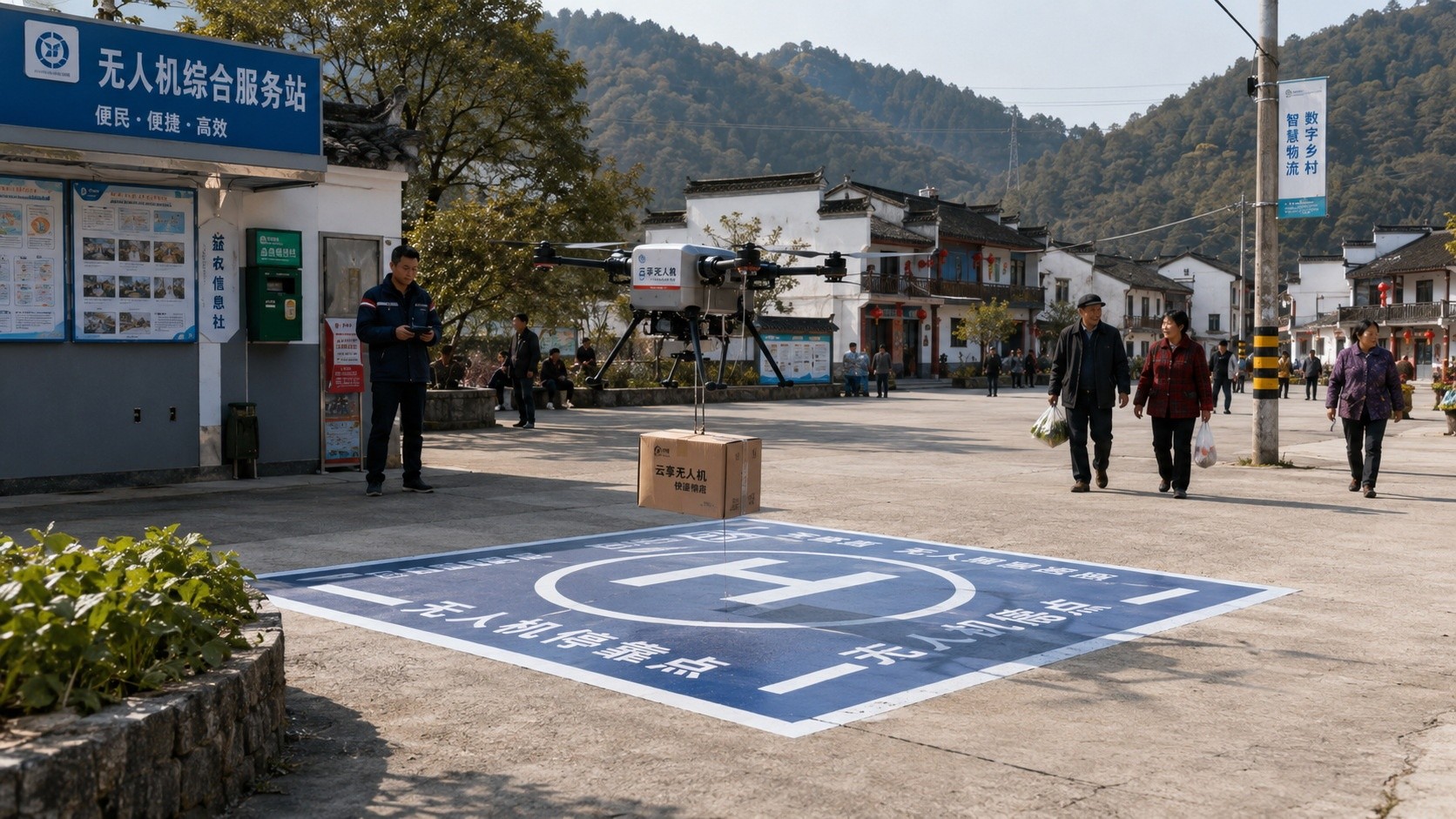 A delivery drone dropping off a package at a landing pad in a rural Chinese village