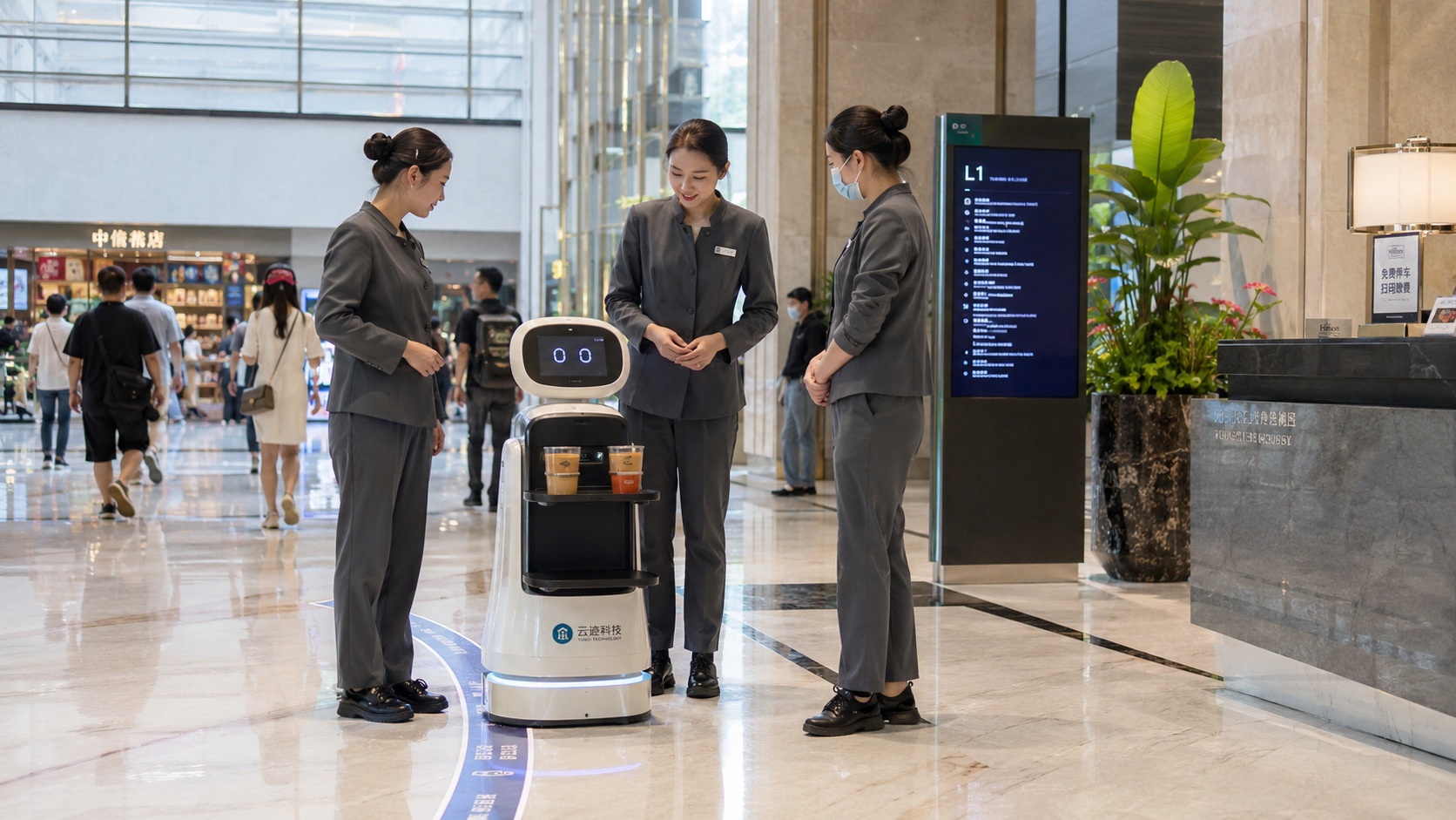 A service robot carrying a tray in a Chinese shopping mall lobby with human staff nearby
