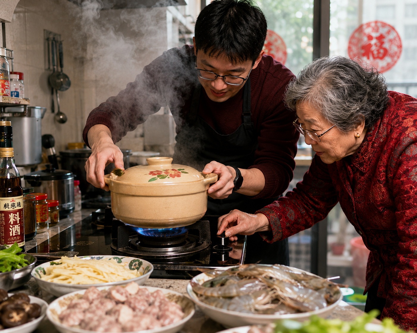 An elderly Chinese mother supervising her son as they cook braised pork together in their home kitchen on New Year's Eve.