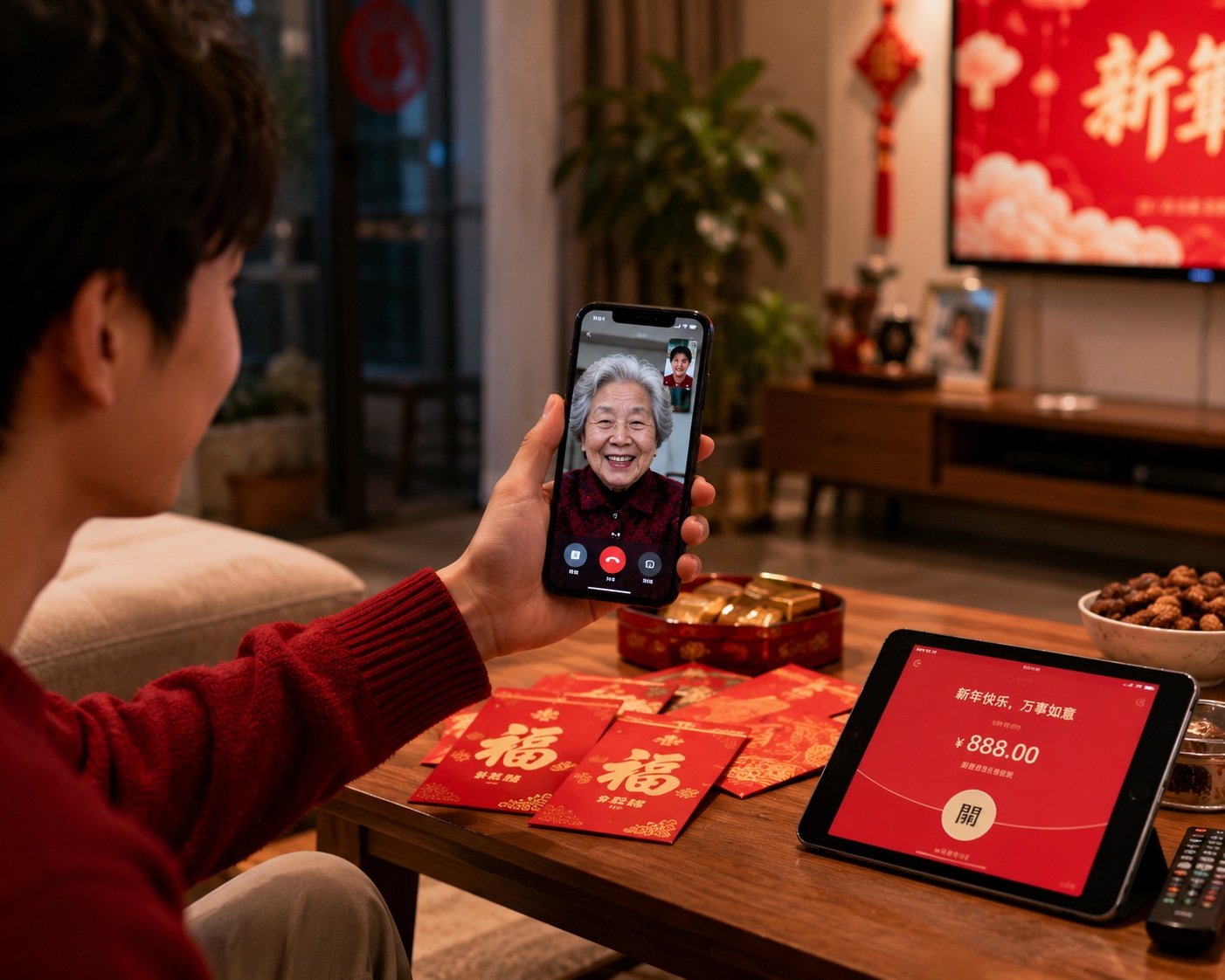 A family member video calling a relative abroad while sending a digital red packet on their phone during Chinese New Year.