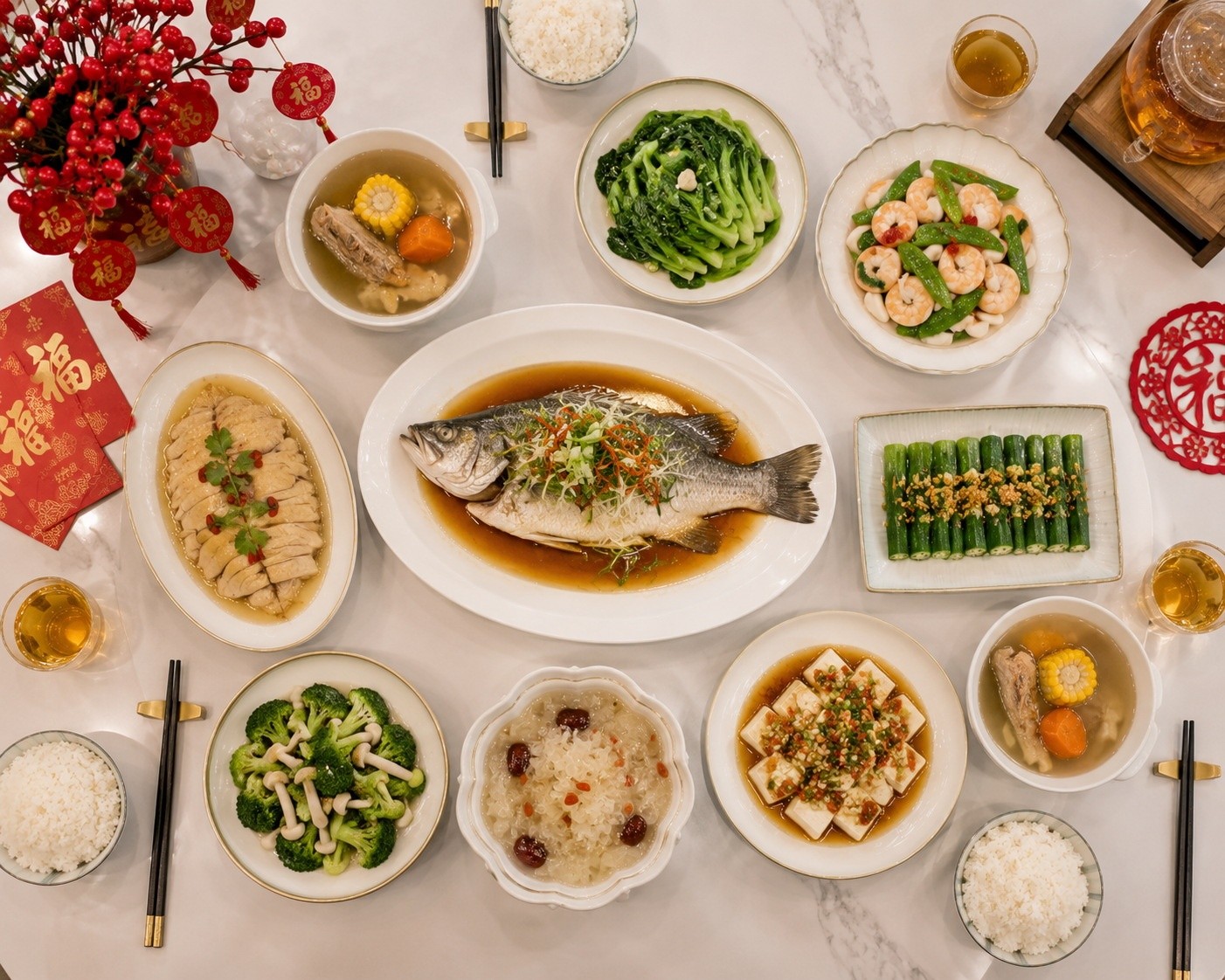 A healthy and modern spread of dishes for a Lunar New Year dinner, including steamed fish and vegetables.