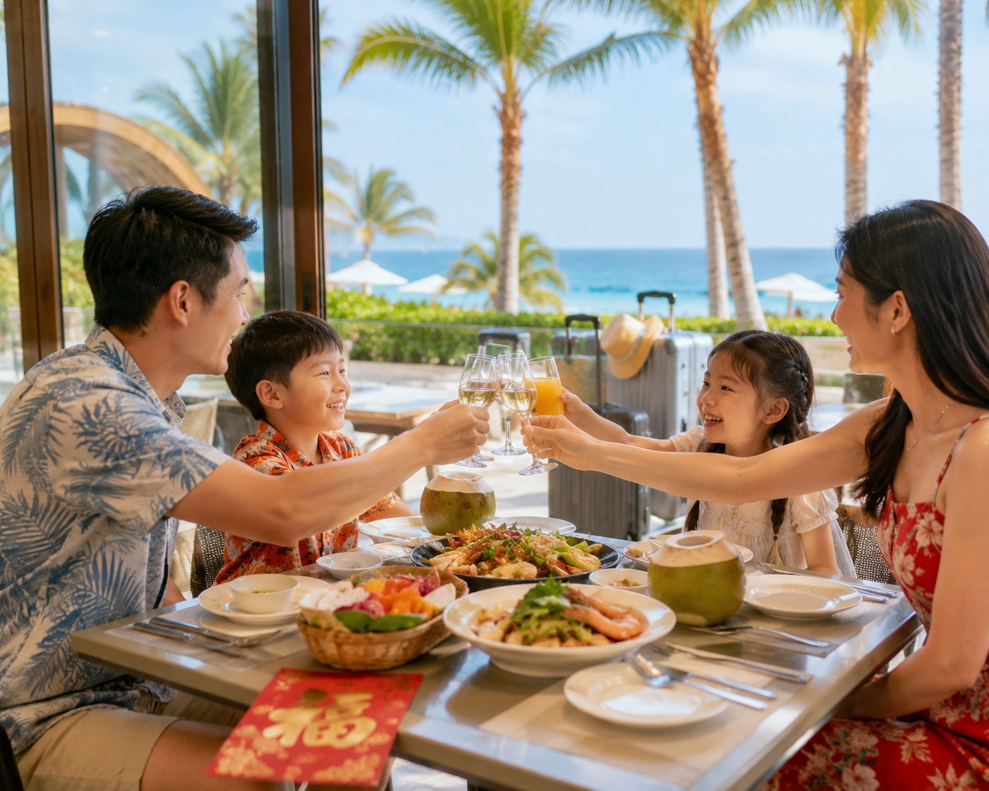 A Chinese family enjoying a New Year's Eve dinner while traveling in a southern resort city instead of returning to their hometown.